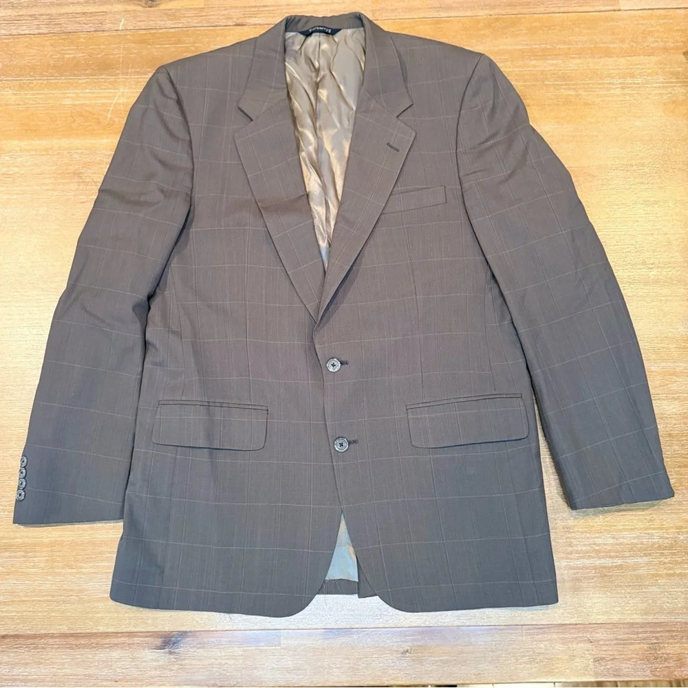 Vtg Burberry’s 100% Wool Blazer Grey Green Plaid 2 Button Closure Sz ~44‎